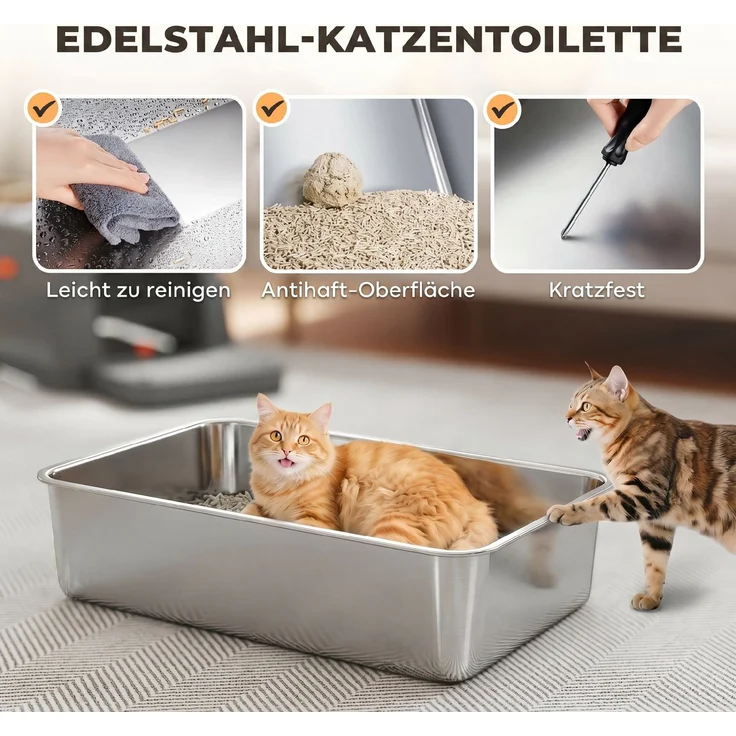 PawHut Katzenklo, Edelstahl, ABS, Grau, 70L x 50B x 43H cm – Bild 4