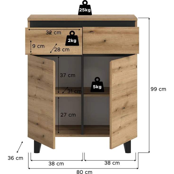 Kommode B/H/T: 80x99x36 cm in Evoke Oak Nachbildung und schwarz – Bild 4