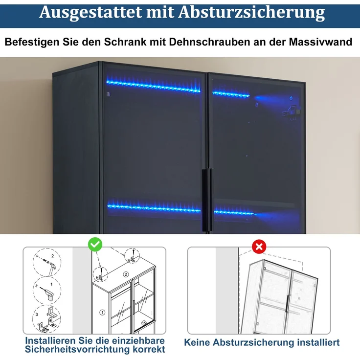 Moderne minimalistische Vitrine mit Glastüren, Vitrine mit LED-Leuchten, Bücherregal für Sammlerstücke, einstellbare Farbtemperatur und Helligkeit, weiße Türen mit schwarzer Dekoration, 30*160*200cm--Weiß--30x160x200cm--YOUDENOVA – Bild 4