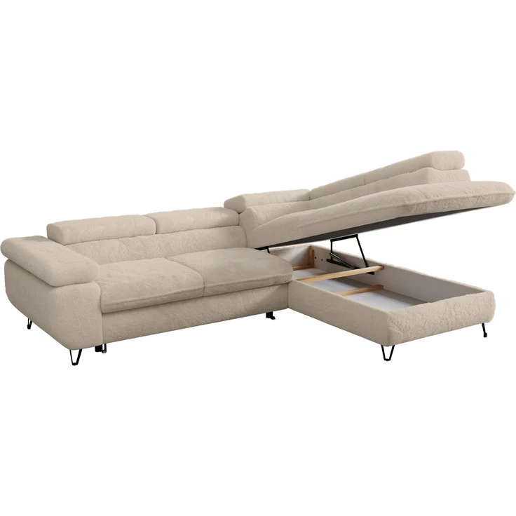 Ecksofa mit Bettfunktion, Modern Sofa, L-form, Einstellbare Kopfstützen, Bettkasten - PETER - Creme Plüsch - Topper T25 - rechts – Bild 3