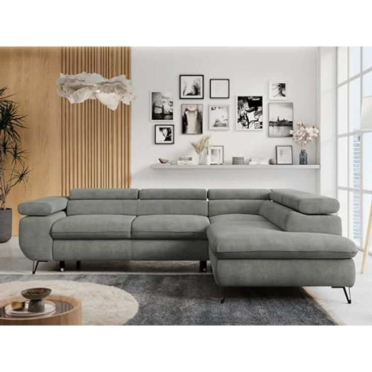 Mks Möbel 'Peter L-form' Ecksofa mit Bettfunktion, Bettkasten & einstellbaren Kopfstützen, Grau, Stoff, rechts – Bild 3