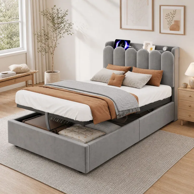 CHICFURN Polsterbett aus Samt grau 90x200 cm mit Bettkasten, LED-Beleuchtung und USB- und Type-C-Anschlüssen