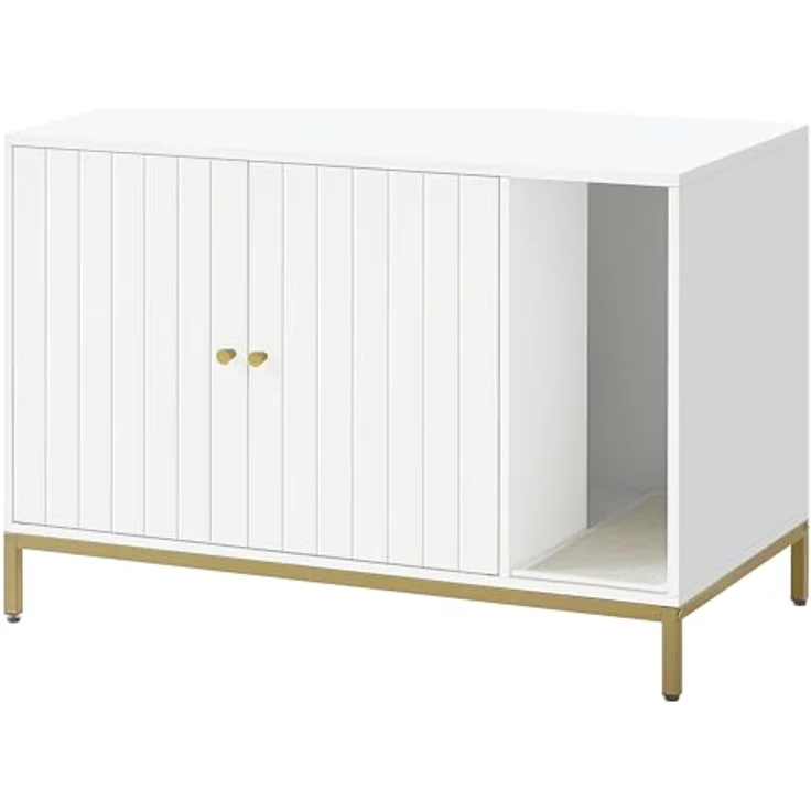 Feandrea Katzenklo-Schrank, Katzenhaus, Katzentoilette, mit Kratzmatte, hohe Beine, für Katzen, Beistelltisch, 90 x 48 x 61,5 cm, weiß-goldfarben PCL027W01 – Bild 2