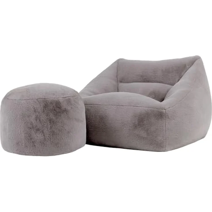 Icon Natalia Sitzsack Sessel für Erwachsene mit Hocker, Grau, Flauschiger Kaninchen Kunstfell Stoff, Riesen Sitzsack mit Füllung, Bean Bag, Bequemer Sessel Wohnzimmer, Lounge, Schlafzimmer, Büro – Bild 2