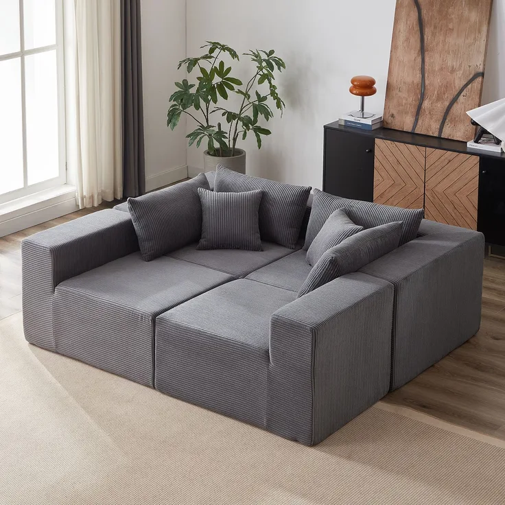 Sofa modular in L-Form mit extrabreiter Sitzfläche, Cordbezug und Schaum-/Federpolsterung, Grau,71x264x167 cm