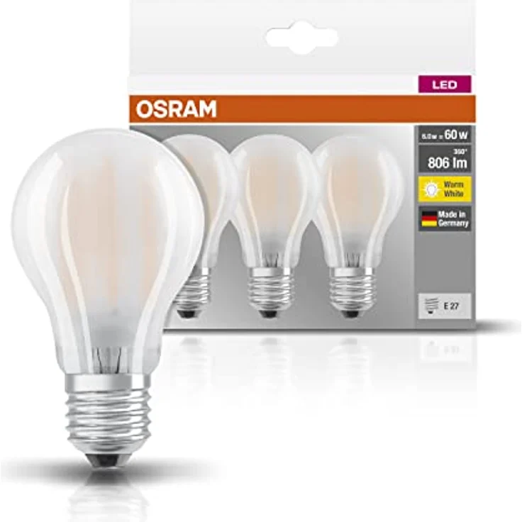 Osram LED Base Classic A, in Kolbenform mit E27-Sockel, Nicht Dimmbar, Ersetzt 60 Watt, Matt, Warmweiß - 2700 Kelvin, 3er-Pack – Bild 2