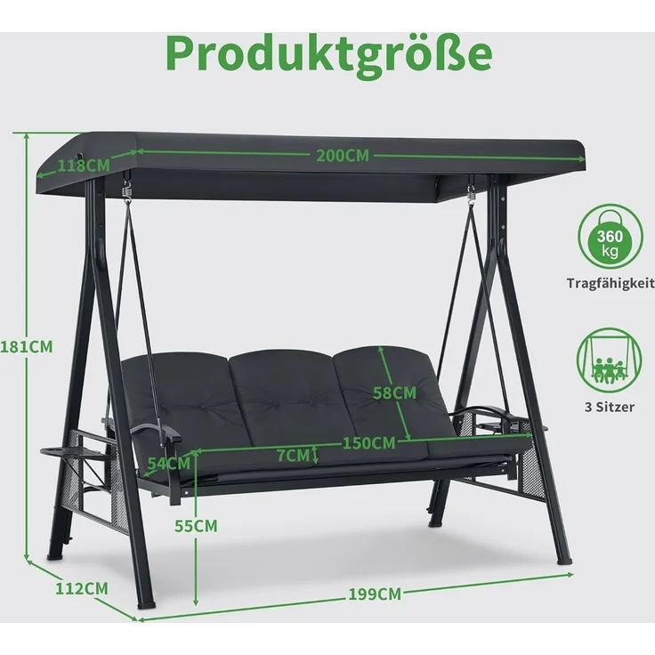 M MCombo 3-Sitzer Hollywoodschaukel mit Liegefunktion, Verstellbarem Sonnendach & Getränkehalter, Gartenschaukel bis 360kg Belastbar Schaukelbank Outdoor Wetterfest, 4093 (dunkgelgrau) – Bild 3