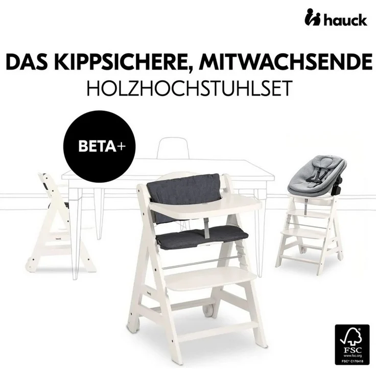 Hauck Hochstuhl Beta Plus White Newbornset 3in1 Bouncer (Set), Holz Babystuhl ab Geburt mit Neugeborenensufsatz, Sitzkissen, Essbrett – Bild 2