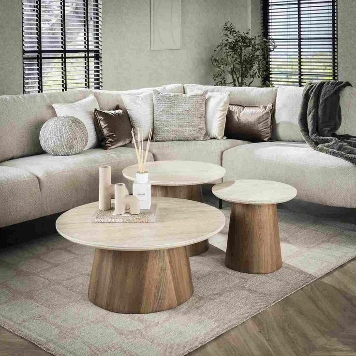 Feeling4Home Couchtisch 3er-Set Couchtisch Joradis - Keramik in Travertin-Optik, Rund, Luxuriöse Keramikplatte in Travertin-Optik, Schweizer Kante – Bild 1