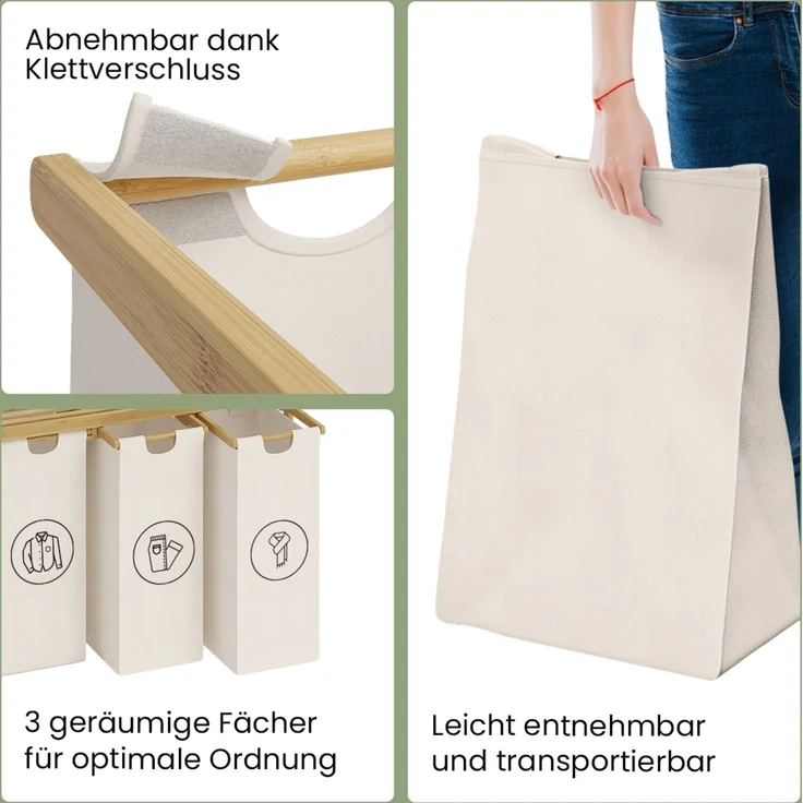 Bellamio 'Newa' Wäschesammler aus Bambus, beige, inkl. 3 Wäschesäcke je 50 Liter aus Oxford-Gewebe, ausziehbar, Wäschekorb mit 2 Ablagen – Bild 3