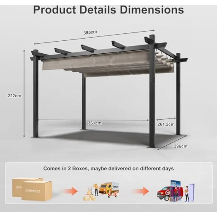 JUMMICO Aluminium-Pavillon, 3 × 4 m, verstellbare Aluminium-Markise, langlebig, freistehende Sonnenschutzvorrichtung für Terrassen und Gärten, schützt vor Sonne und Regen, Beige – Bild 5