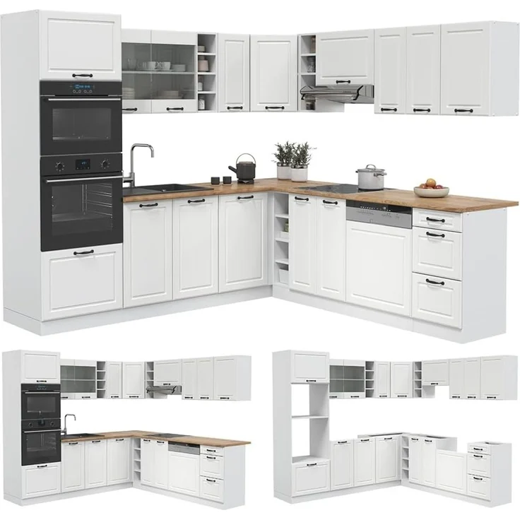 Eckküche R-Line Weiß Landhaus/Weiß 247 x 237 cm ohne Arbeitsplatte Vicco – Bild 6