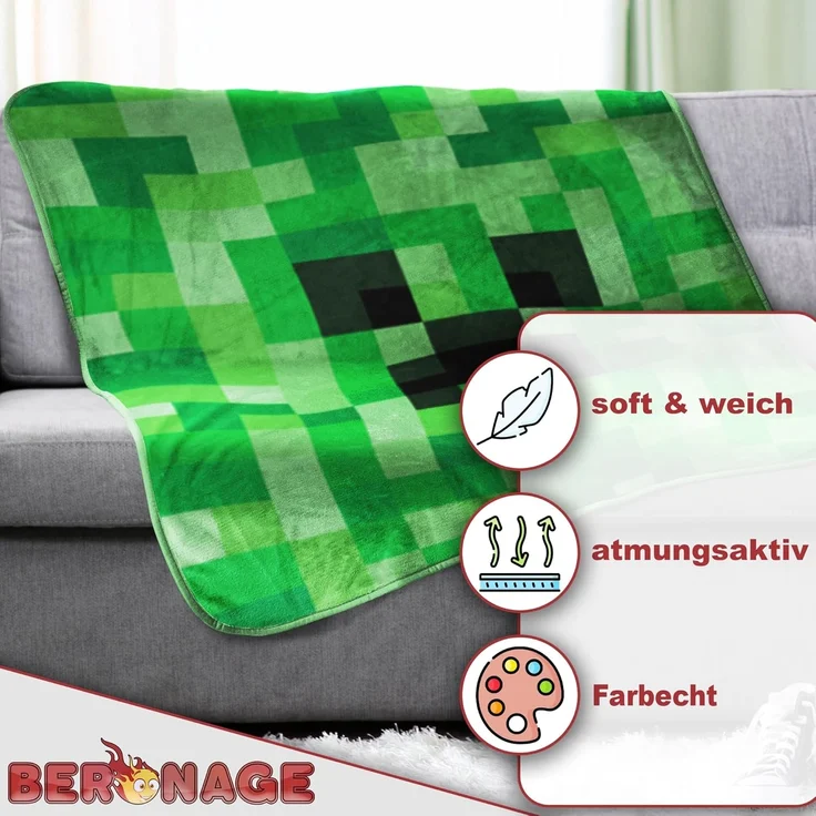 Wohndecke Minecraft Decke Creeper 150x200 cm Kuscheldecke Wohndecke, BERONAGE, passend zur Bettwäsche, ideal für Sofa, Couch, Bett, Auto, Camping – Bild 3