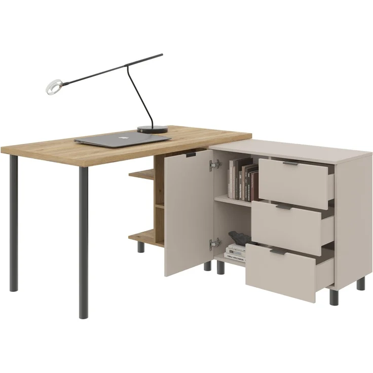 Carryhome 'TINO OFFICE' Eckschreibtisch, MDF Kaschmir Eiche, 135 x 76 x 147 cm, mit Softclose und Schubladen – Bild 2