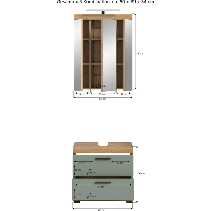 Xonox Scout Badkombination (B/H/T: 60x191x34 cm) in Salbei und Artisan Eiche Nachbildung – Bild 4