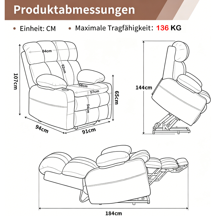 TV-Sessel mit Flanellbezug, Aufstehhilfe & Massagefunktion, 91x91x106,5 cm, Grau – Bild 5