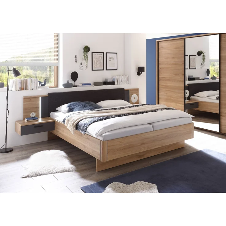Bettanlage >Aschau< LED, 2 Schübe, Mauvella Eiche Dekor / Graphit - 305x93x210cm (BxHxT) – Bild 2
