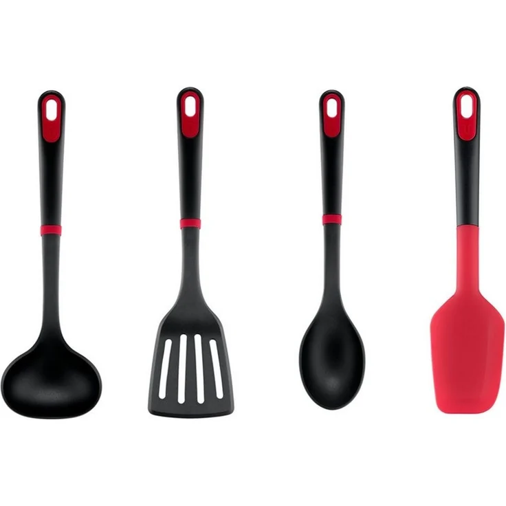 Tefal Ingenio+ 4-teiliges Küchenhelfer-Set K198S4 – Kochbesteck-Set aus glasfaserverstärktem Nylon, hitzebeständig bis 230 °C, kratzfest, spülmaschinengeeignet, rot/schwarz – Bild 1