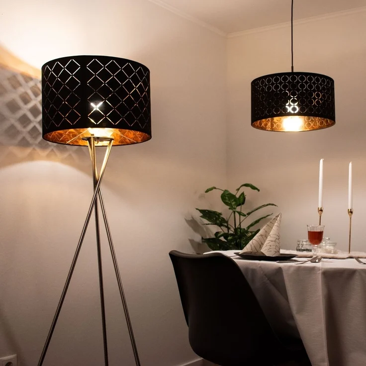 Hängeleuchte, Metall Textilschirm, schwarz gold, H 140cm – Bild 10