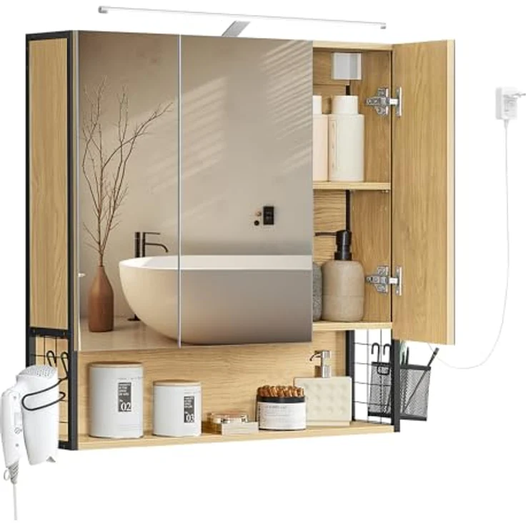 VASAGLE Badezimmerschrank mit LED-Beleuchtung, 14,5 x 70 x 70 cm, Stecker, Hängekorb, Haartrockner-Halter, Spiegelschrank, Badschrank, Wandschrank, für Badezimmer, natureichenfarben BBK124Y01 – Bild 2