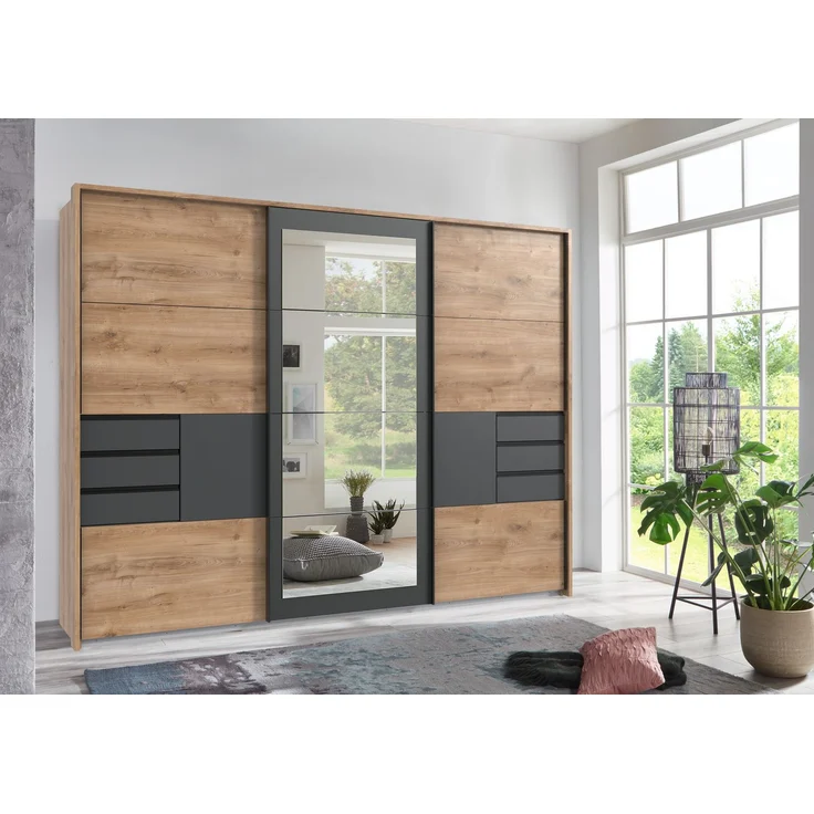 Schwebetürenschrank Kleiderschrank 273 Passep. Spiegel Schubl. Grafit Eiche Dekor – Bild 3