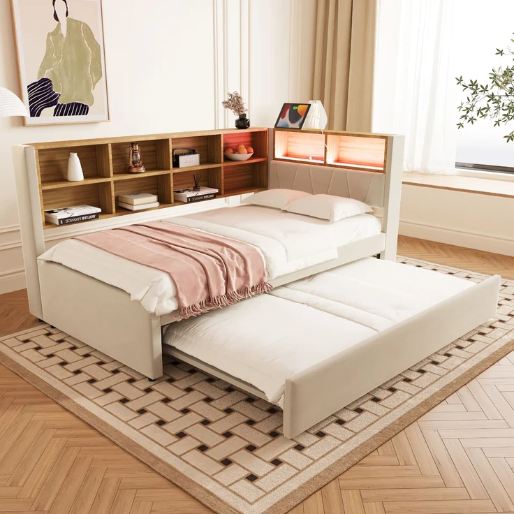 Bett 90x200 cm mit Ausziehbett 90x190 cm, Flanellbezug in Beige, mit Stauraum und LED-Beleuchtung – Bild 3