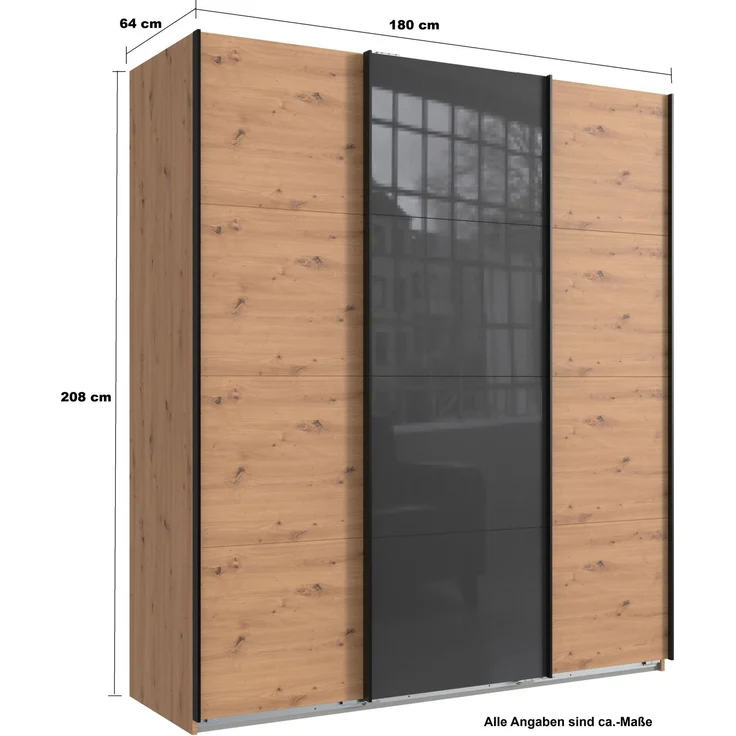 Schwebetürenschrank Kleiderschrank B180 cm H208 cm 3-trg. Eiche Artisan Dekor, 1 Tür Glas Grau – Bild 5