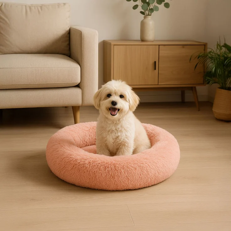 belviona Donut-Hundebett, kuscheliges Plüschbett mit weicher Füllung, sicherem Halt & ergonomischem Rand, 50 cm Durchmesser, altrosa – Bild 1