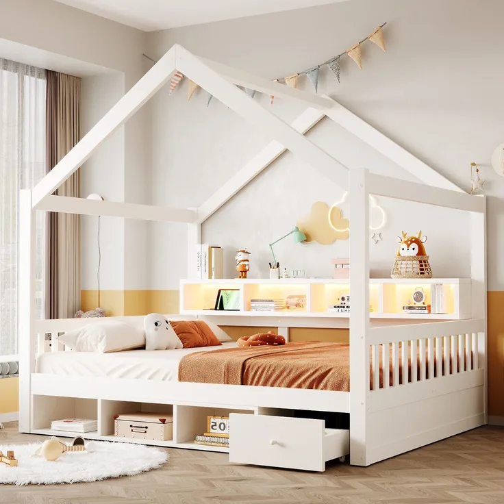 Bett 140x200 cm aus Kiefernholz und MDF, weiß, mit Dachrahmen, Stauraum und LED, ohne Matratze