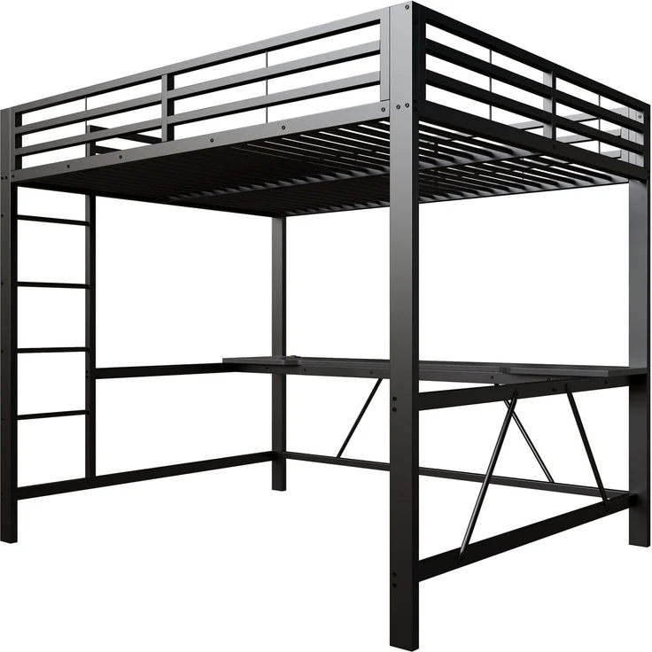 Hochbett mit RGB LED-Streifen, Schreibtisch, Trittleiter, Lattenrost, Steckdose, USB und Type-C, 160x200 cm, Kinderbett mit Rausfallschutz, Metallbett – Bild 7