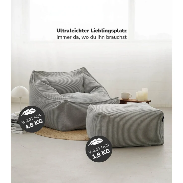 mokebo Sitzsack Der Lümmel (aus Cordstoff), gemütlicher Cordsessel mit Hocker oder Armlehnensessel in Grau – Bild 2