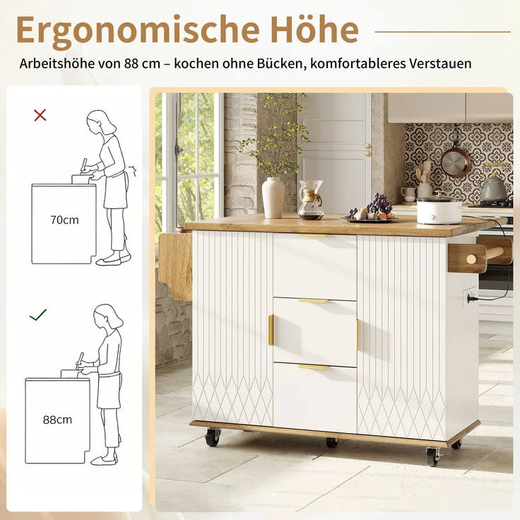 EINHOM Küchenwagen mit Ausklappbarer Arbeitsplatte & Stromanschluss, Mobiler Kücheninselschrank mit Rollen, Weiß-Holzoptik, Belastbar bis 70 kg – Bild 5