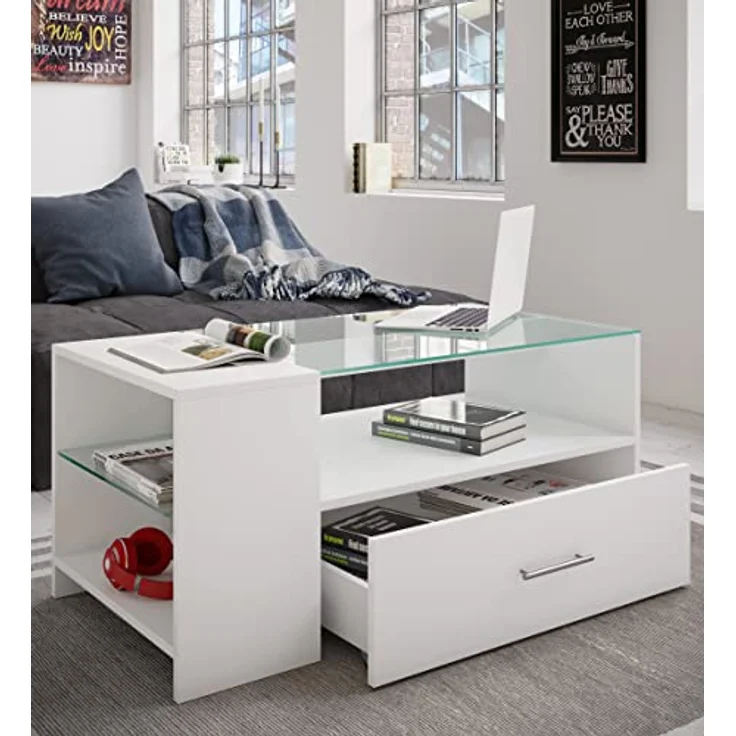 MID.YOU Couchtisch, Weiß, Glas/Holzwerkstoff, 1 Schublade, 100x45x50 cm, Stauraum – Bild 2
