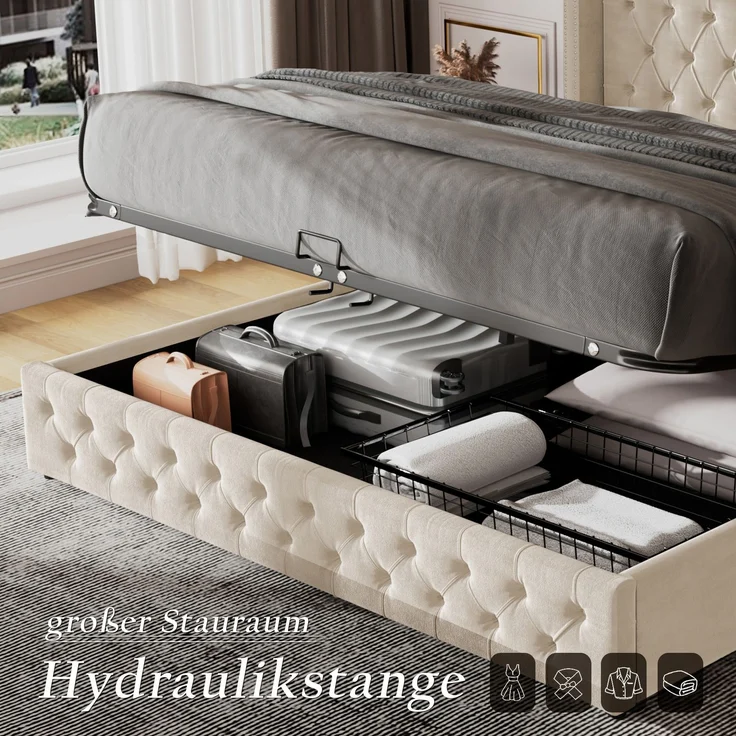 Polsterbett in Beige mit Rautensteppung und Knopfdetails,209*142*94.5cm，Samtbezug – Bild 3