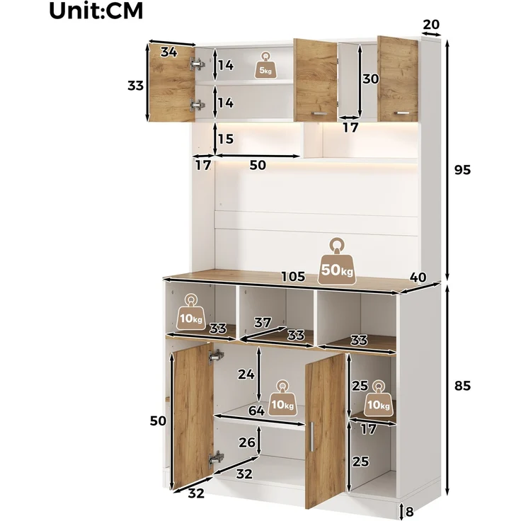 Küchenschrank 105 x 40 x 180 cm in Weiß und Natur mit RGB-LED-Beleuchtung und verstellbaren Einlegeböden – Bild 4