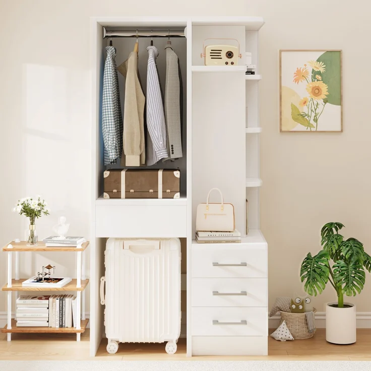 Kleiderschrank 70x45x135 cm in Weiß mit offenem Hängebereich und Schubladen – Bild 2