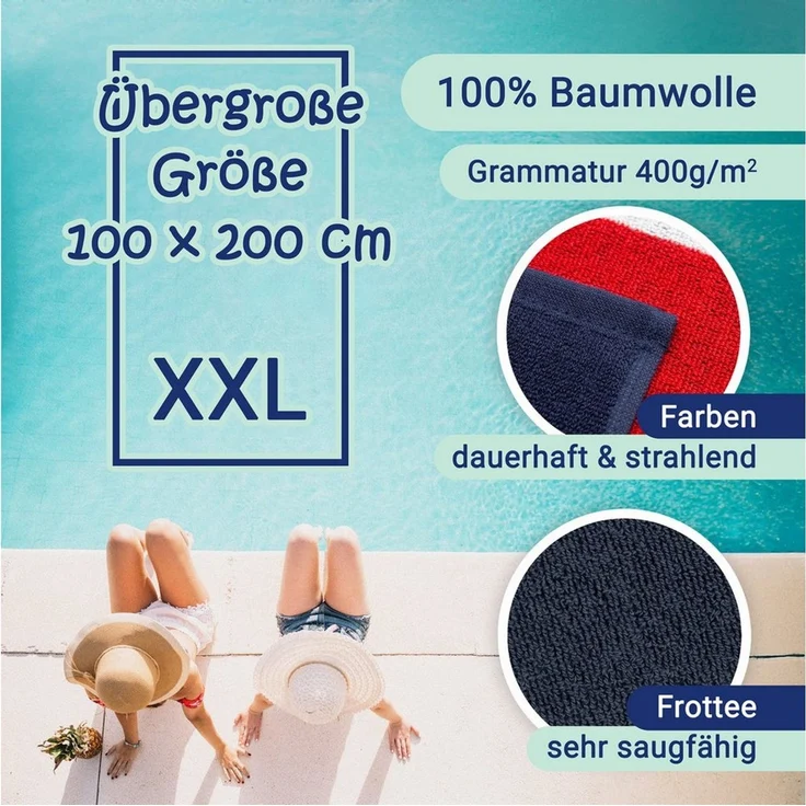 ZOLLNER Strandtuch, Glattvelours (1-St), 100 x 200 cm, 100% Baumwolle, blau-weiß-rot gestreift – Bild 2