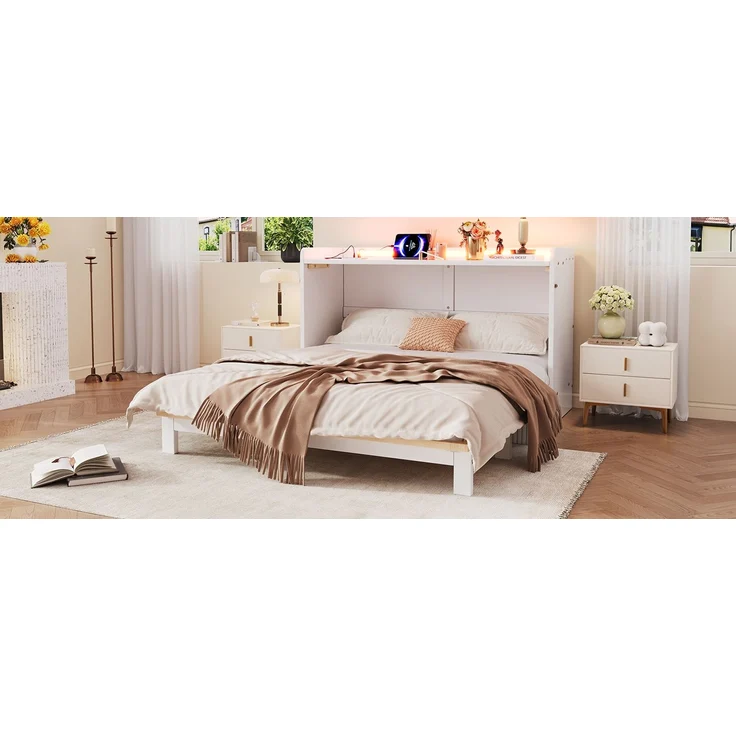 TavilaEcon Schrankbett mit USB, Steckdose, LED-Lichtleiste und Hochglanzplatte weiß Liegefläche 140 × 200 cm – Bild 3