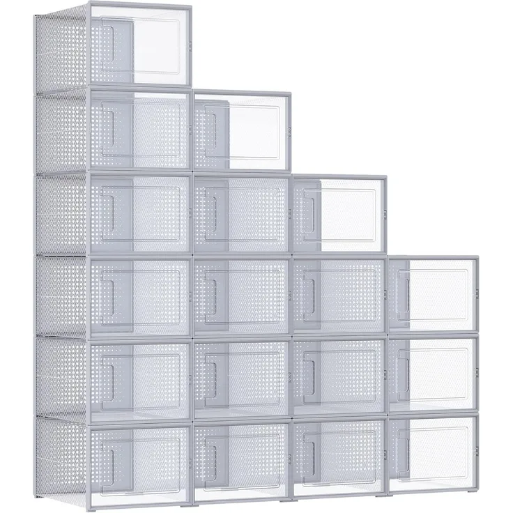SONGMICS Schuhboxen, 18er Set, Schuh-Organizer aus Kunststoff, faltbar und stapelbar, für Schuhe bis Größe 46, transparent-grau LSP007G18