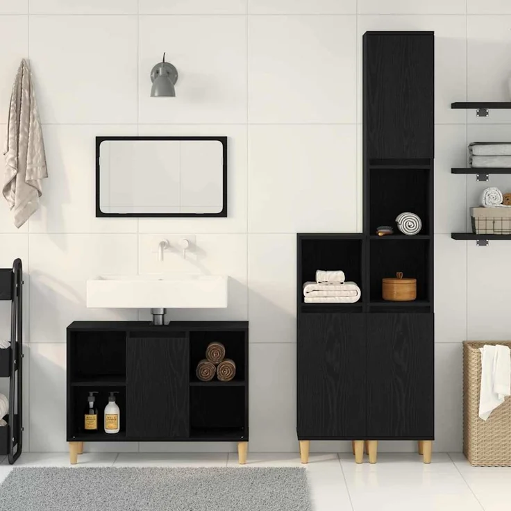vidaXL Badezimmermöbel-Set mit Speicher 3 pcs Schwarz Holzwerkstoff 3332584 – Bild 3