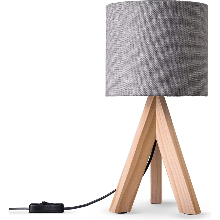Paco Home Tischleuchte BAJO CANVAS UNI COLOR, ohne Leuchtmittel, Dreibein massiv Holz, Textilschirm uni Leinen, Ø 17 cm, H. 35 cm