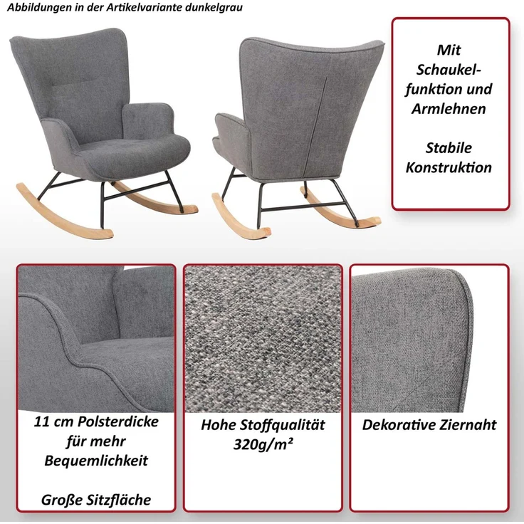 Schaukelstuhl HWC-N14, Schwingstuhl Relaxsessel Fernsehsessel, Massiv-Holz Metall Stoff/Textil 320g/m² ~ grün – Bild 2