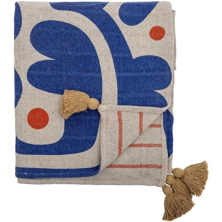 Wohndecke Bloomingville Decke EVIAYA Blau Creme Gemustert mit Quasten 160x130 cm, Bloomingville