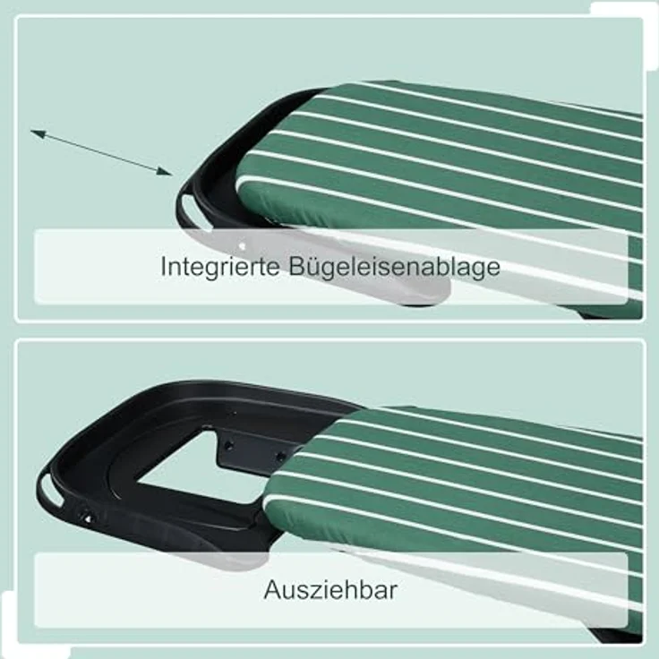 Relaxdays Bügelbrett für Dampfbügeleisen, höhenverstellbar, klappbar, 121 x 39 cm, grün/schwarz mit Ablage – Bild 7