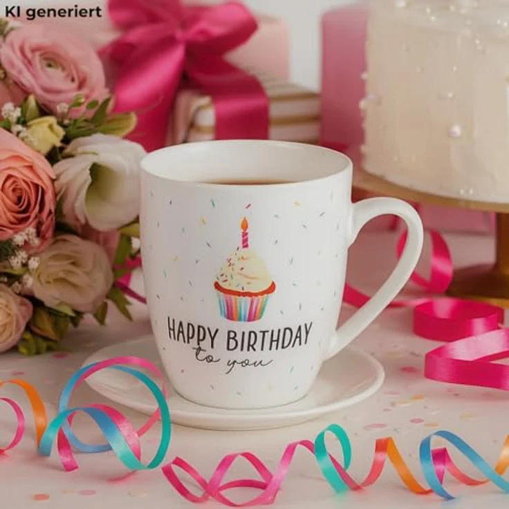 9502241 Kaffeebecher/Tasse aus Porzellan, Motiv: Happy Birthday. Größe H/Ø: 9,8 x 8,2 cm, Fassungsvermögen 250 ml, Spülmaschinengeeignet. – Bild 8