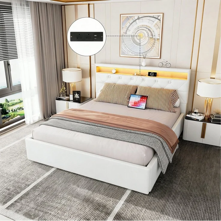 oyajia Polsterbett Doppelbett mit Steckdosen & LED Beleuchtung,Hydraulischem Stauraum (Funktionbett mit Hydraulikstange,Tragfähigkeit: 365kg, Strapazierfähig,Metallrahmen), Bettgestell mit Lattenrost,Leinenmaterial Polsterbett, ohne matratze – Bild 5