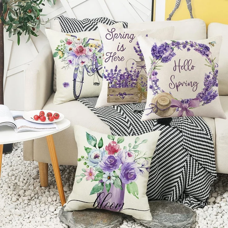 Kissenbezüge 45×45 cm 4er-Set Lila Blumen, Frühling Farmhouse Dekokissen, Sofa Wohnzimmer – Bild 6