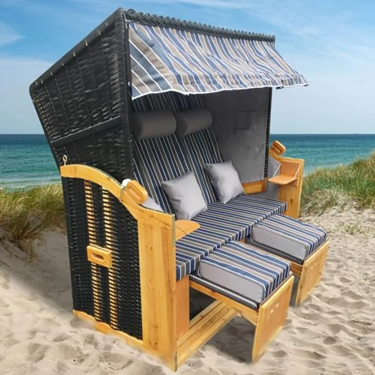 BRAST® Strandkorb Usedom 3-Sitzer XXL für 2-3 Personen | 165cm breit | 5 Designs | inkl. wetterfeste Abdeckhaube | verstellbare Rückenlehne Fußkissen | Braun/Blau - gestreift