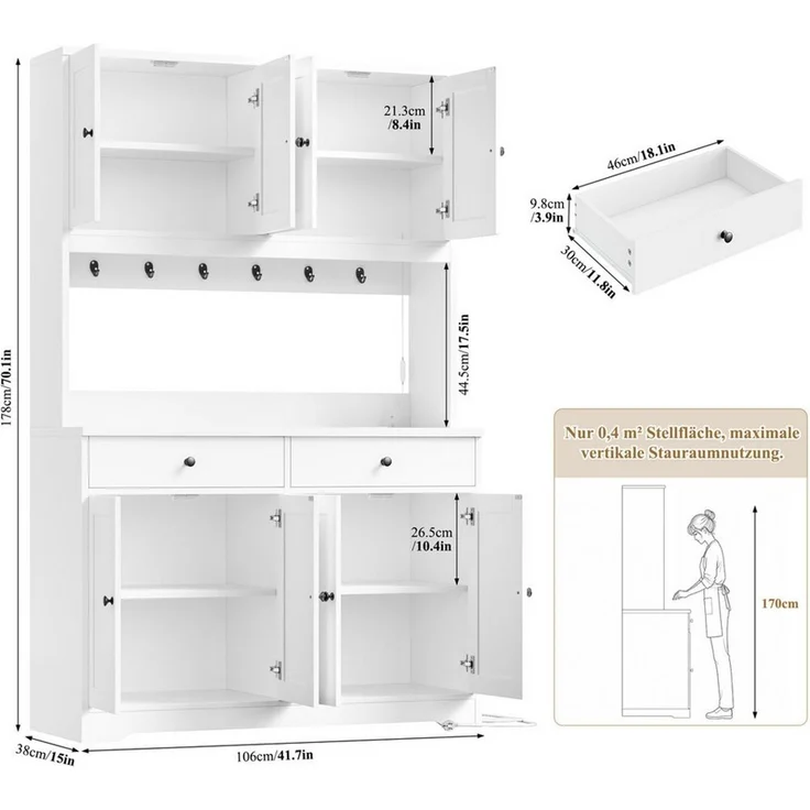 Homfa Küchenbuffet Küchenschrank Buffetschrank mit LED und Steckdosenleiste Sideboard mit Arbeitsplatte, 8 Türen und 2 Schubladen 178x106x38cm – Bild 3
