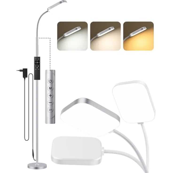 LED Stehlampe dimmbar 18W, 1850lm – Stehleuchte Wohnzimmer mit Fernbedienung, 3000–6500K, stufenlos dimmbar, Leselampe Bett mit Nachtlicht, moderne Stehlampe mit Prismadiffusor